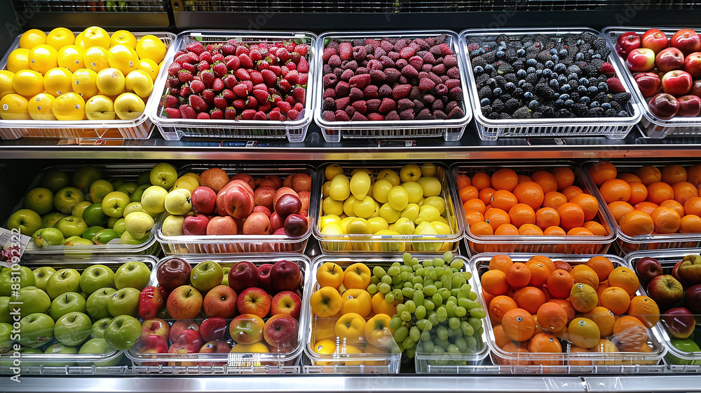 Colorful Display of Fresh Fruits in Grocery Store Produce Section Vegetables Background