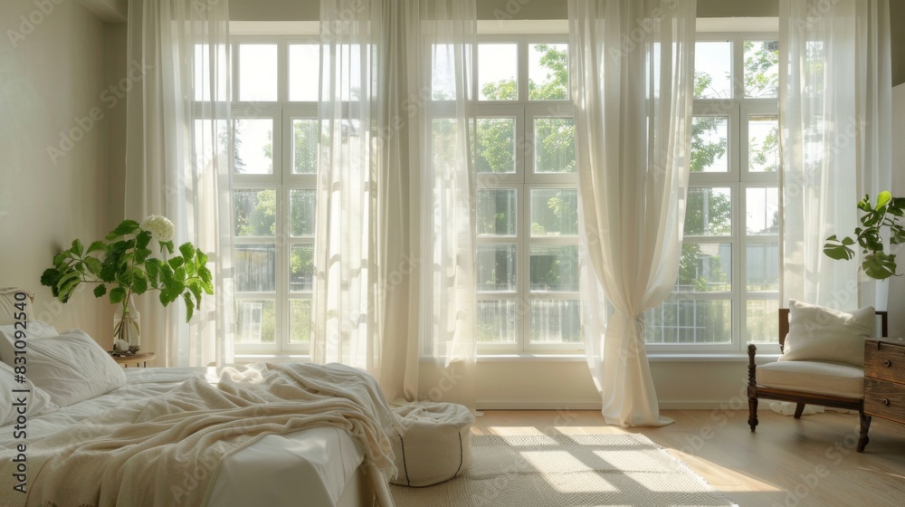 Bright and airy bedroom with large windows, sheer curtains, and a fresh color palette ...