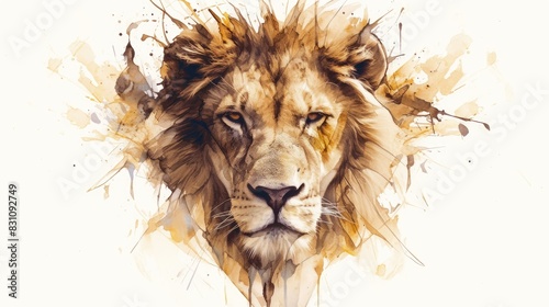 A striking depiction of a lion s face against a white backdrop photo