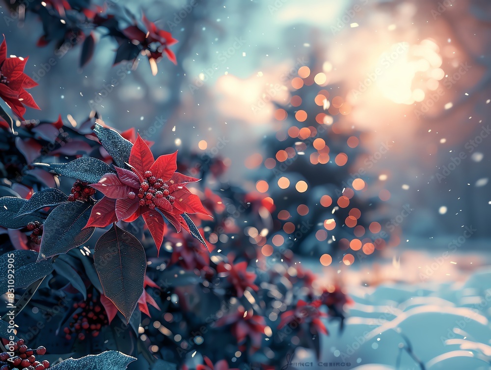 Beautiful holiday scene with poinsettia flowers and a Christmas tree in soft focus during snowfall, capturing the magic of winter.