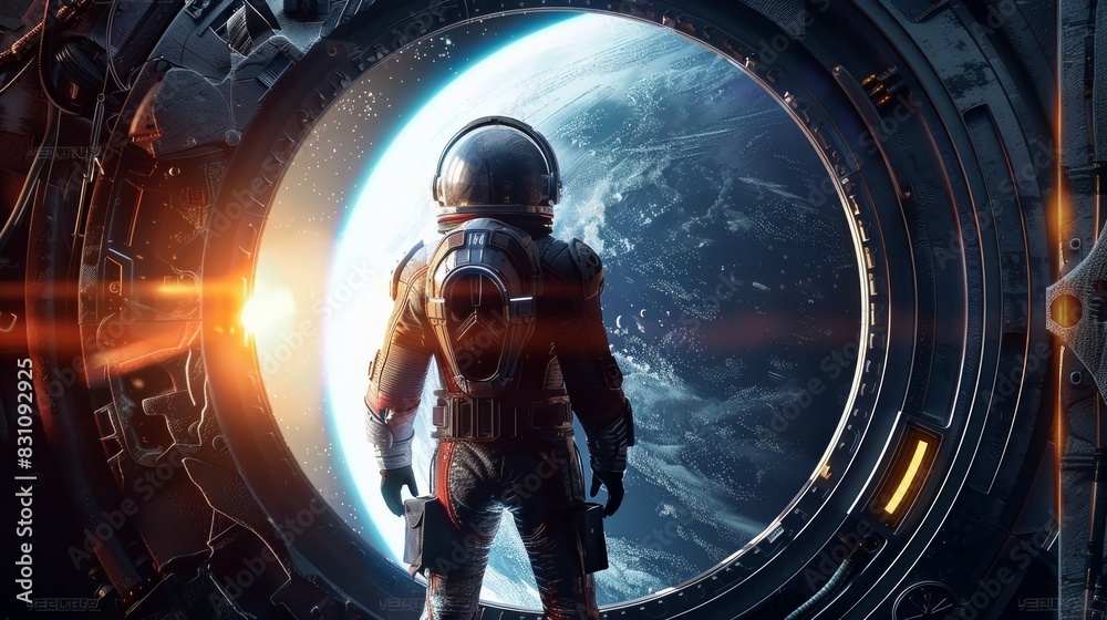 Fototapeta premium Spaceman in a spacesuit stands in front of spaceship circle window