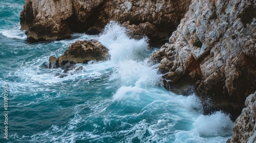 Against the background of a dramatic coastline  waves crashed against the rocky cliffs  sending up sprays of white foam. 