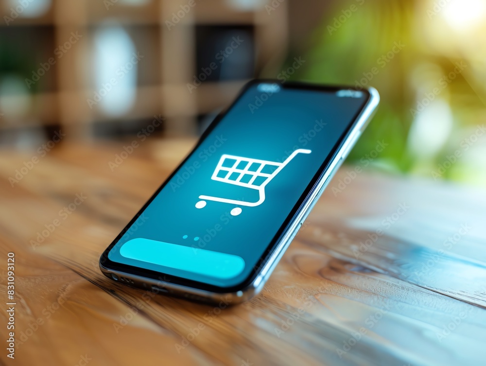 Smartphone showing an ecommerce site for sale, on a wooden table Smartphone showing an ecommerce site for sale, on a wooden table
