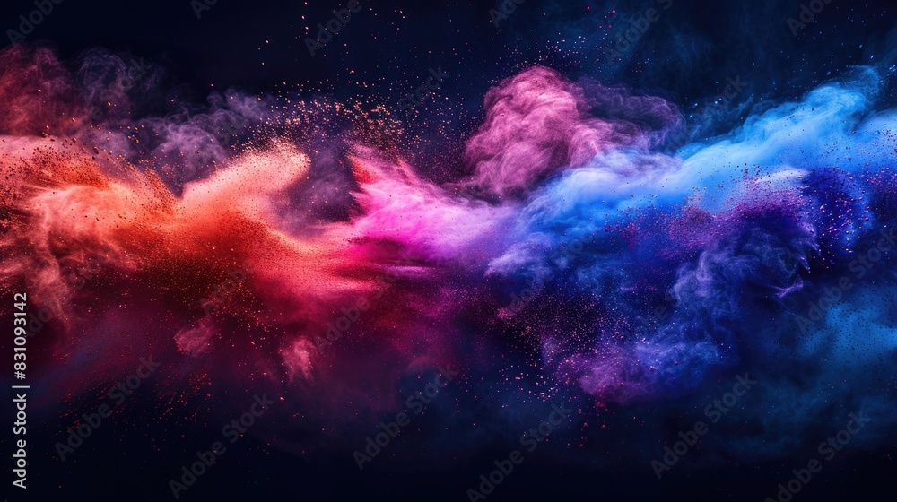 Colored powder explosion on gradient blue background