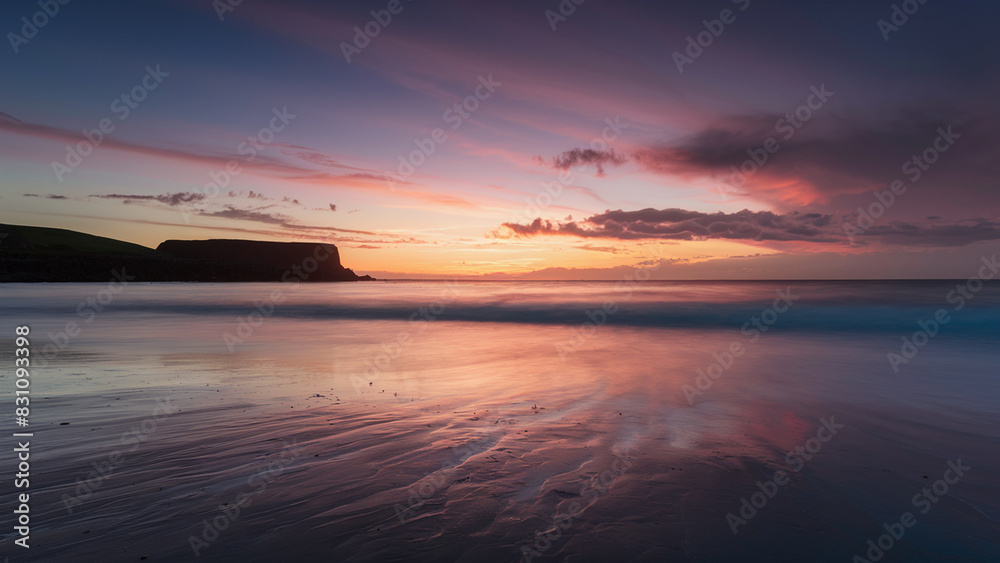 Beautiful landscape of sunset over lake sea, clouds blend of yellow, pink, and blue