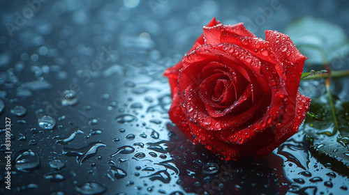 Red Rose with Water Droplets on Dark Background Symbolizing Love and Romance in Nature