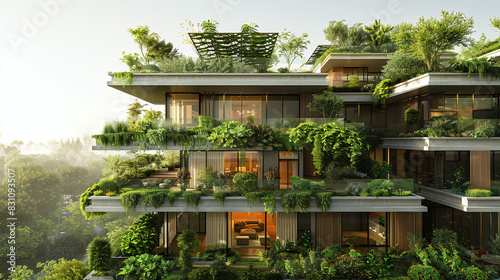 Modern eco-friendly apartment building covered in lush greenery representing sustainable living photo