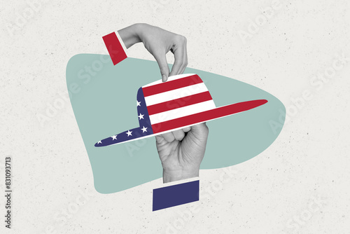 Creative abstract template collage of hands hold hat flag celebrating 4th july usa independence day freak bizarre unusual fantasy billboard
