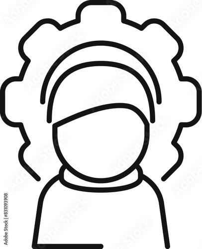 Female engineer icon in black and white outline vector representing gender equality and empowerment in stem industry as a symbol of skilled and competent technical professional occupation