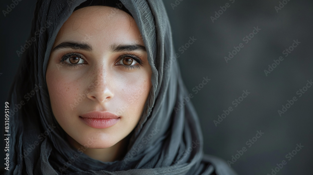 Portrait of a Young Woman with Hazel Eyes Wearing Gray Hijab Against Dark Background Portrait of a Young Woman with Hazel Eyes Wearing Gray Hijab Against Dark Background
