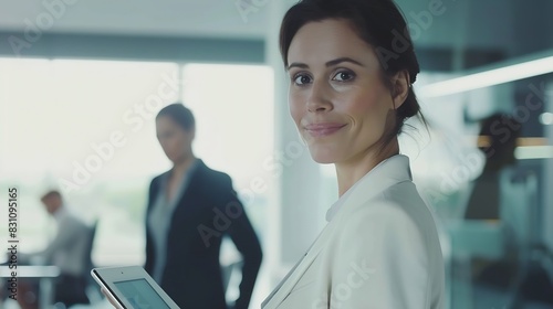 Business woman smiling at the camera while holding a tablet pc Mature business woman standing in an office with her colleagues working in the background : Generative AI