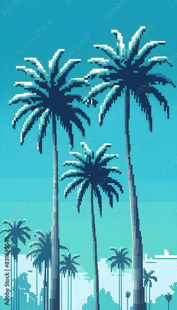 view of palm trees in the sky, blue sky. view of palm trees in the sky, blue sky.