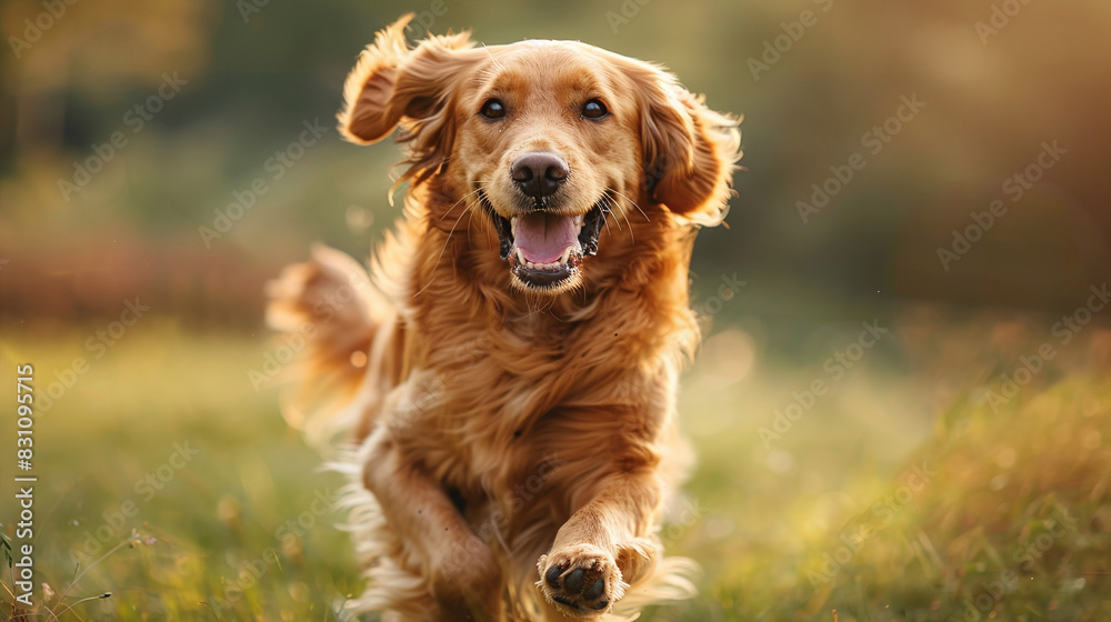 Golden Retriever Running Joyfully Through Sunlit Meadow Green Grass Background Happy Dog Outdoors