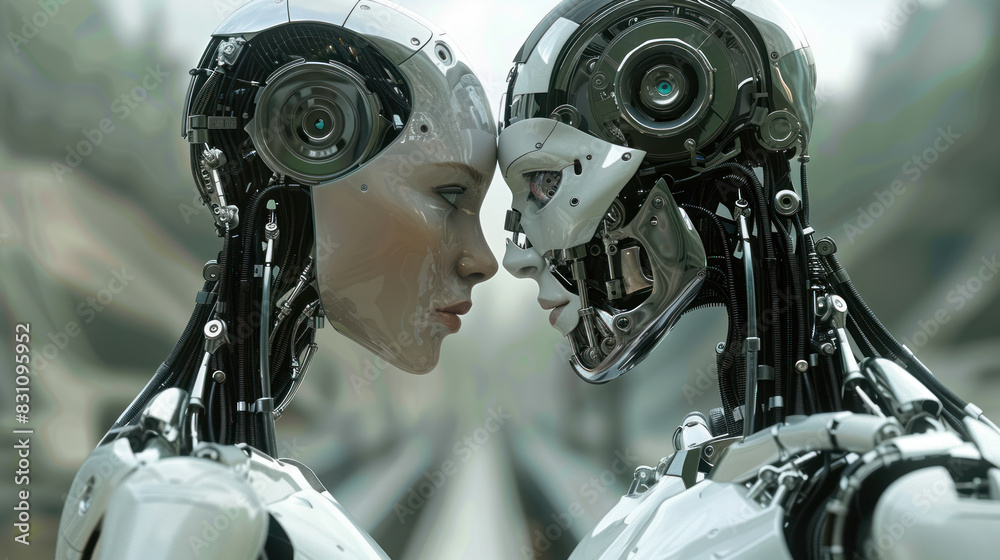 Fototapeta premium Couple of cyborgs in love, abstract surroundings