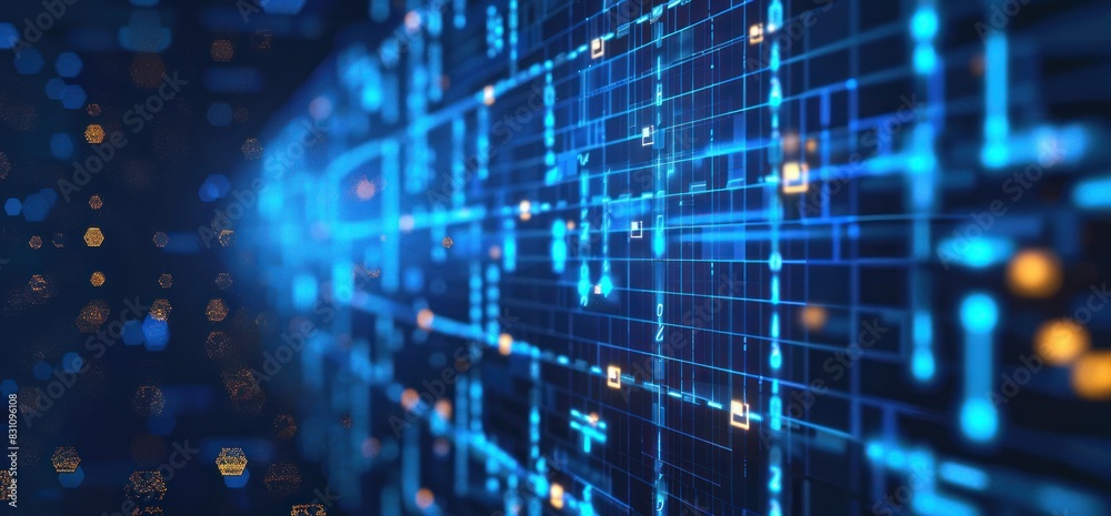 Blue background with glowing lines and digital icons representing data flow