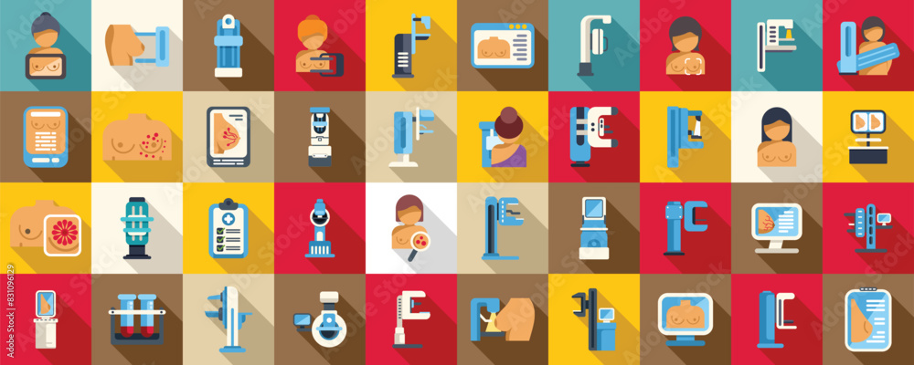 Mammogram icons flat set vector. A collection of medical icons and symbols. The icons include a stethoscope, a syringe, a thermometer, a heart, and a computer monitor. Scene is one of medical