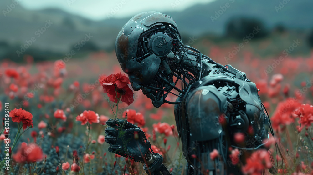 Fototapeta premium Robot in blooming field