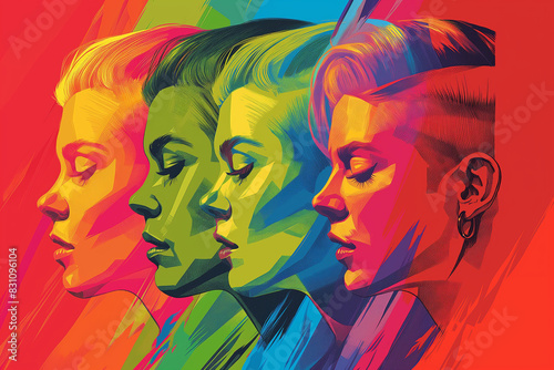 A poster features several lgbt people with different colored hair  in the style of art illustration