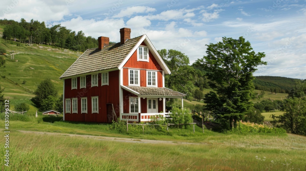 Charming Nordic farmhouse surrounded by rolling hills and meadows, with a red-painted exterior, white trim, and a picturesque setting, exuding rural tranquility Charming Nordic farmhouse surrounded by rolling hills and meadows, with a red-painted exterior, white trim, and a picturesque setting, exuding rural tranquility