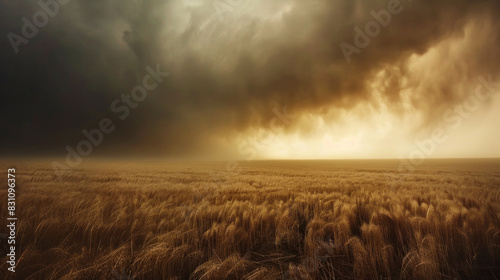 Huge dust storm, wall of sand over farmland photo