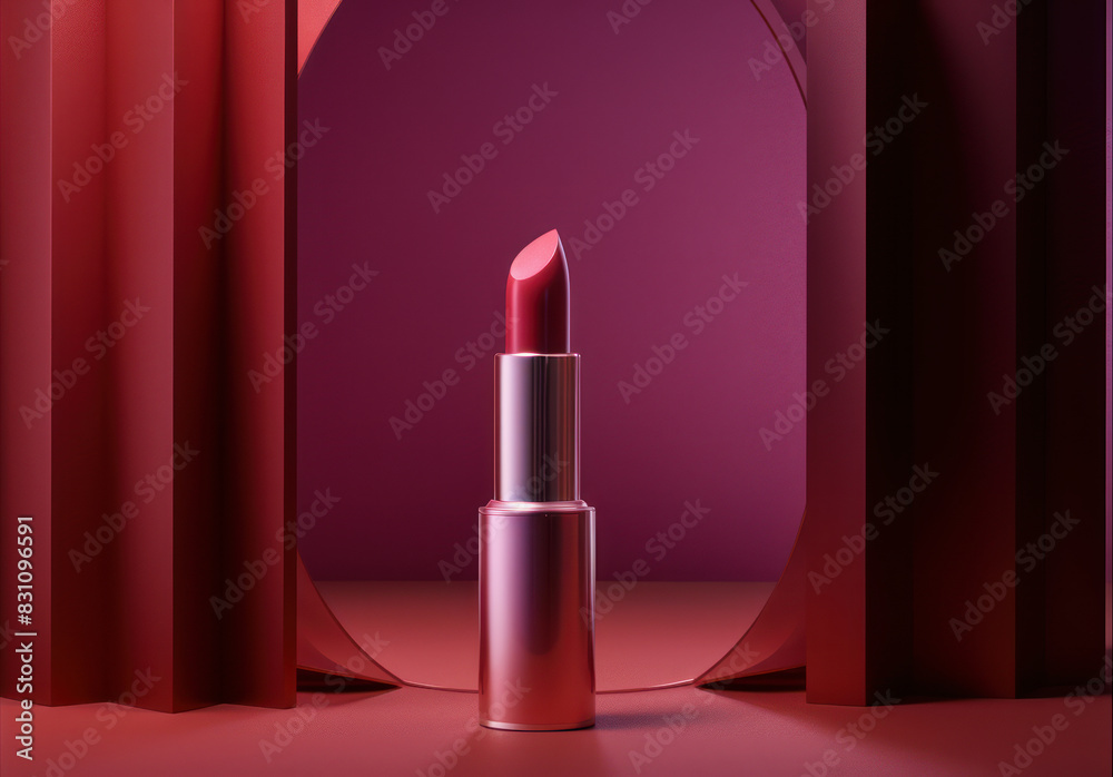 pink single lipstick in front of red background, product presentation pink single lipstick in front of red background, product presentation
