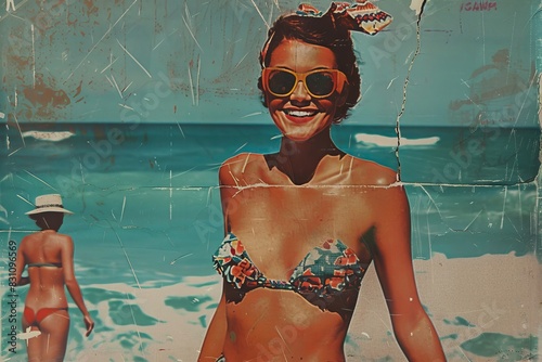 60s housewife style with a  vintage bikini at the beach . Collage style, used and blurred old photo / postcard