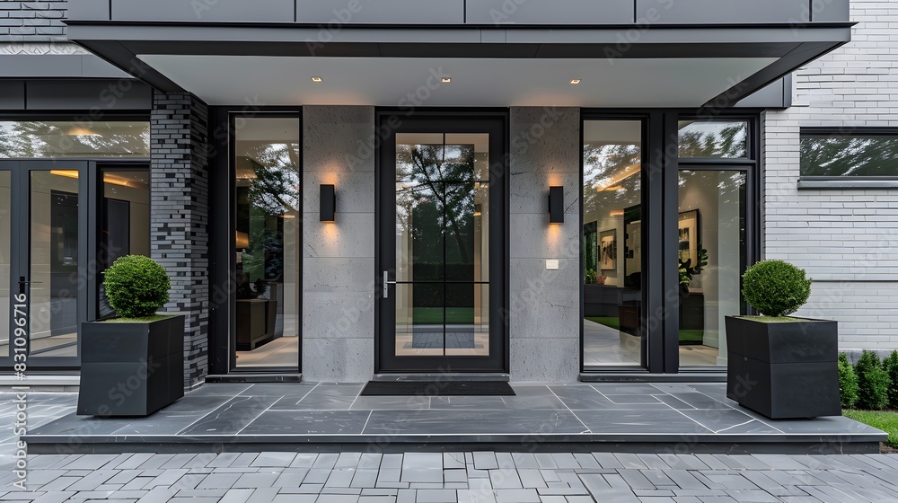 Modern front door with a black frame and glass, framed by square planters on the sides of the house entrance in white color. Modern front door with a black frame and glass, framed by square planters on the sides of the house entrance in white color.