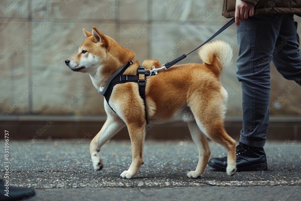 a portrait illustration of a man walking with his cute shiba inu dog at leash on the streets, urban city background outdoor