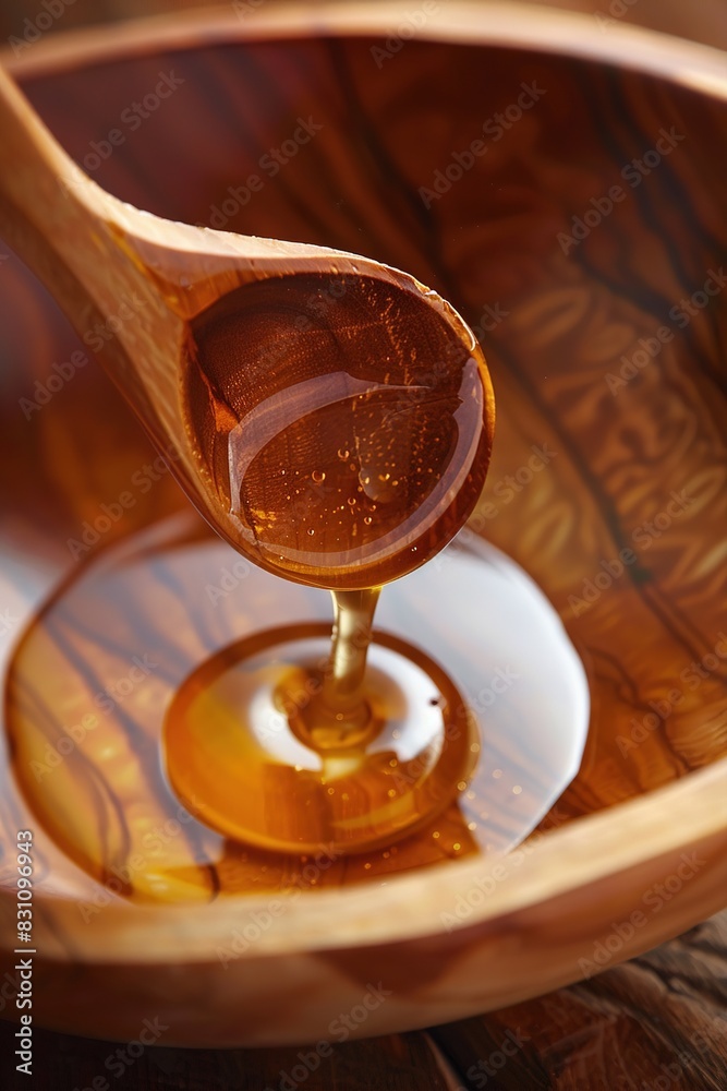 Drizzling Honey into Wooden Bowl Drizzling Honey into Wooden Bowl