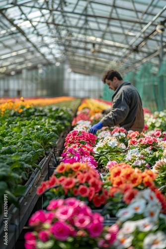 blurred gardener in a green house working with colorful flowers , daylight spring day