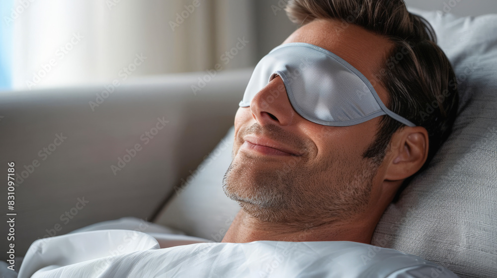 A man is resting comfortably on a bed, smiling while wearing a sleep mask, suggesting he is enjoying a peaceful nap or rest. A man is resting comfortably on a bed, smiling while wearing a sleep mask, suggesting he is enjoying a peaceful nap or rest.