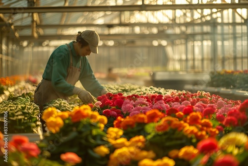 blurred gardener in a green house working with colorful flowers , daylight spring day