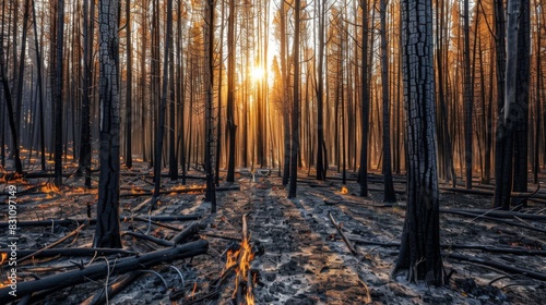 Charred trees standing in a burned forest after a wildfire, illustrating the aftermath and devastation of uncontrolled fires photo