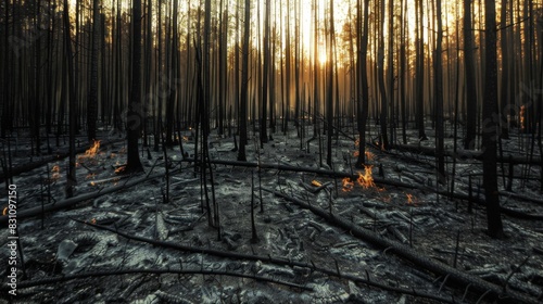 Charred trees standing in a burned forest after a wildfire, illustrating the aftermath and devastation of uncontrolled fires photo