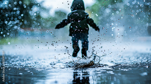 A silhouette of a child jumping into a puddle on a rainy day  with water splashing around  showcasing playful moments and simple joys