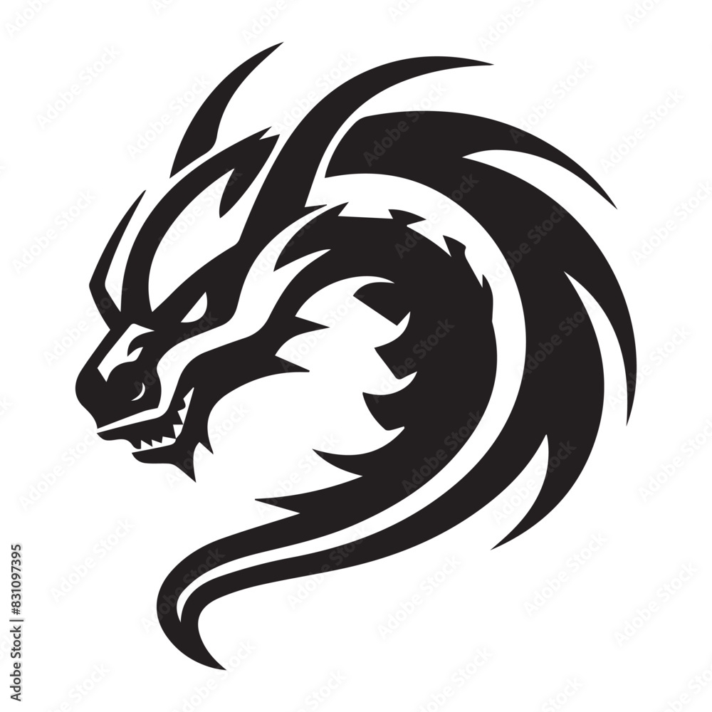 Naklejka premium Black simple dragon mascot logo icon, vector illustration on white background