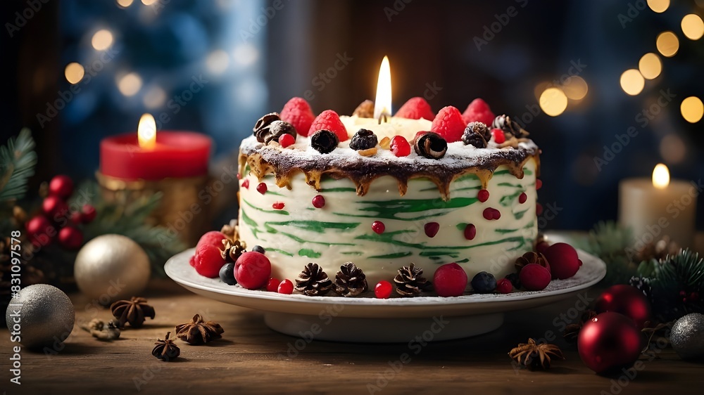 Create a high-resolution image of a delectable Christmas cake garnished with a flickering candle to capture the warm, festive feeling. Create a high-resolution image of a delectable Christmas cake garnished with a flickering candle to capture the warm, festive feeling.