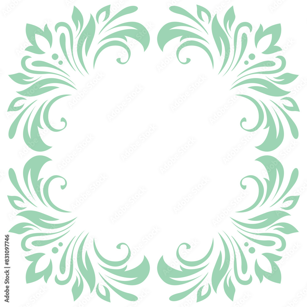 Vintage frame, wreath, border of stylized leaves, flowers and curls. Retro, victorian style. Green lines on white background. Vector background, wallpaper, card
