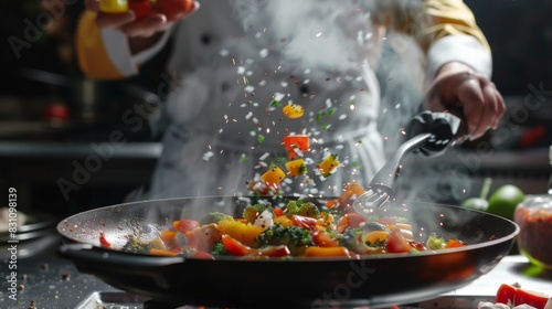 Chef cooking a delicious meal in a large non-stick frying pan, with colorful ingredients sizzling and steam rising, creating a vibrant and appetizing scene