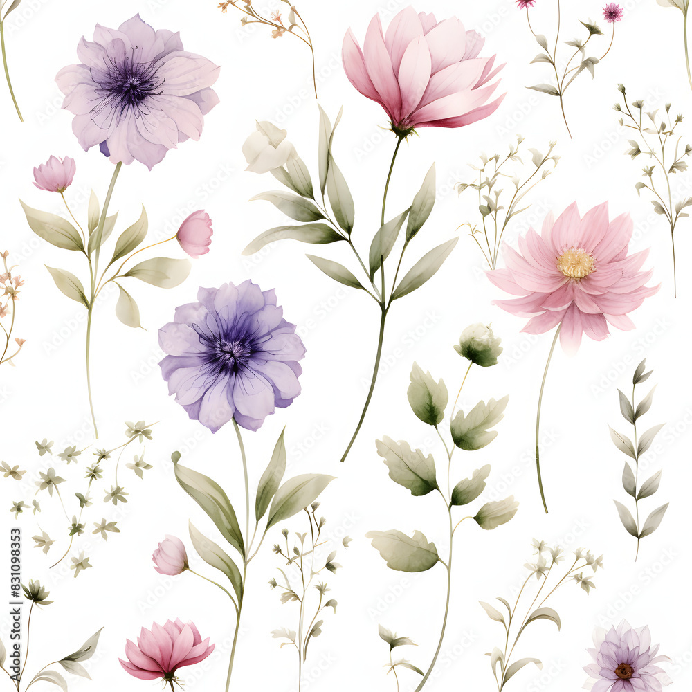 Obraz premium seamless watercolor arrangements with small flower. Botanical illustration minimal style,