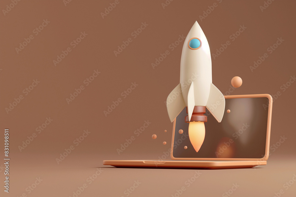 Illustration of a cartoon blue rocket flying out of a laptop, in the style of 3d render, explosive abstracts Illustration of a cartoon blue rocket flying out of a laptop, in the style of 3d render, explosive abstracts