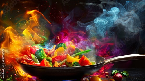 Chef cooking a delicious meal in a large non-stick frying pan, with colorful ingredients sizzling and steam rising, creating a vibrant and appetizing scene photo