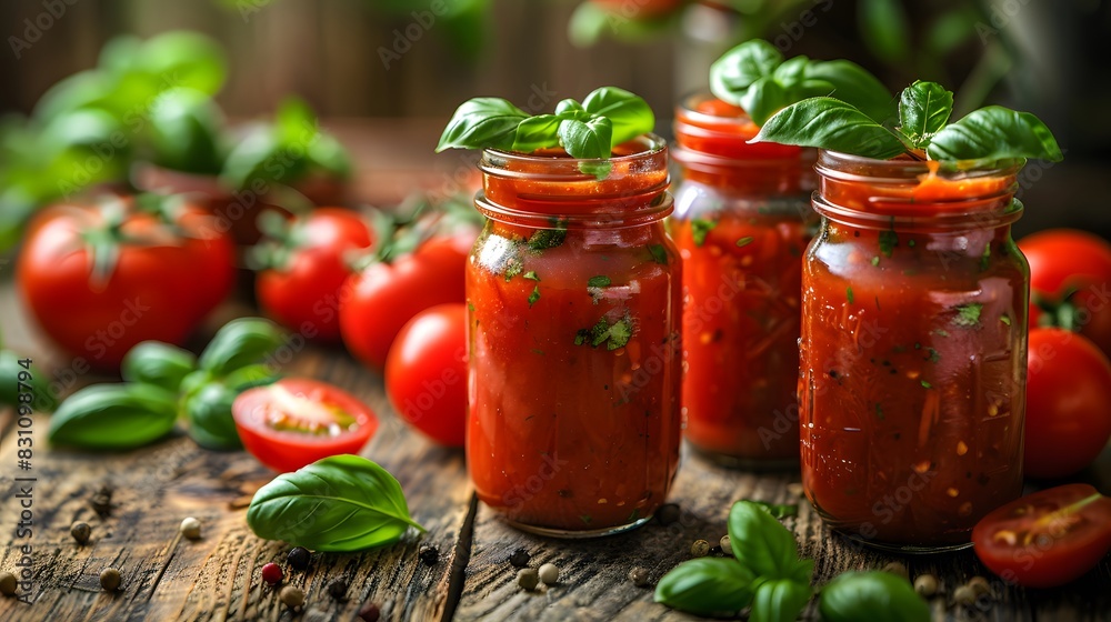 Tomato sauce in glass jars on an old wooden table with fresh tomatoes and basil leaves, ready to be served as part of the meal or for use in cooking. Tomato sauce in glass jars on an old wooden table with fresh tomatoes and basil leaves, ready to be served as part of the meal or for use in cooking.