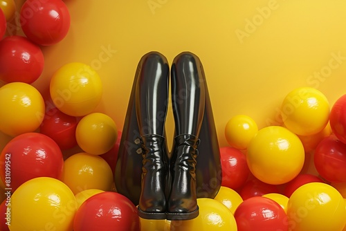 Black shoes on red and yellow balls photo