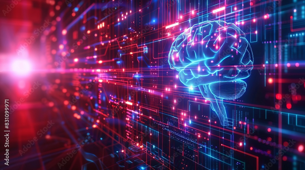 Digital abstract background for technological operations, neural networks, AI, data transmission and encryption, digital archives, audio and visual representations, scientific research. Copy space