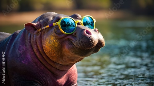 Image of a cute hippopotamus wearing natural sunglasses.