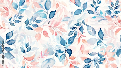 Flat watercolor seamless pattern of pastel-colored leaves and small flowers, creating a whimsical and fresh aesthetic