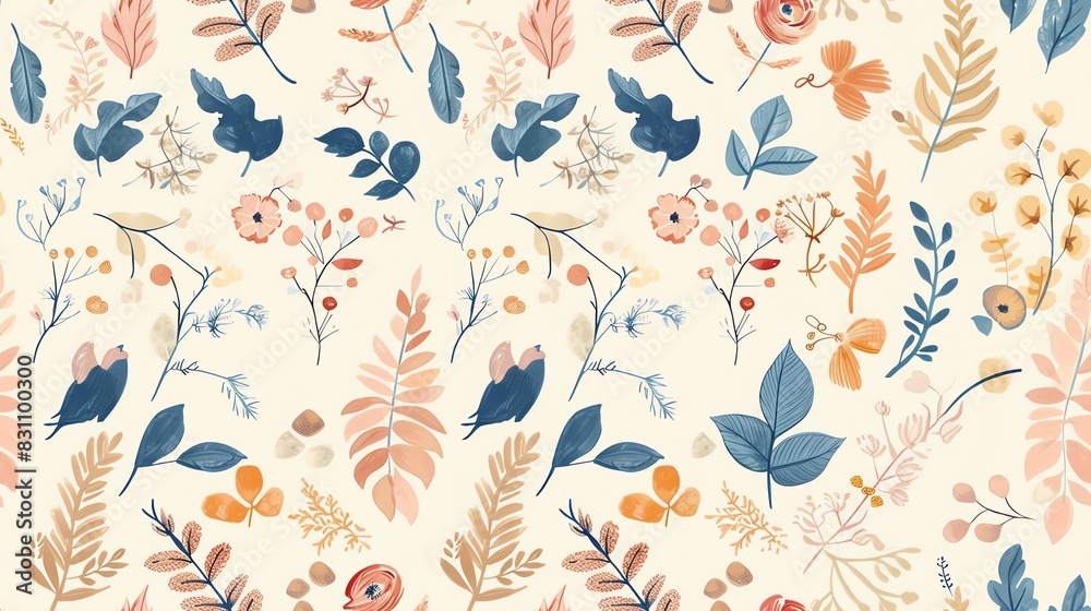 Hand-drawn pastel-colored seamless pattern of intertwined leaves, flowers, and woodland animals, creating a natural and soothing look Hand-drawn pastel-colored seamless pattern of intertwined leaves, flowers, and woodland animals, creating a natural and soothing look