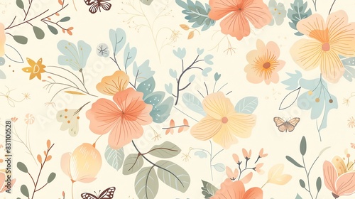 Hand-drawn pastel-colored seamless pattern featuring delicate flowers, leaves, and butterflies, perfect for a serene and charming look