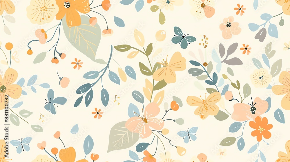 Hand-drawn pastel-colored seamless pattern featuring delicate flowers, leaves, and butterflies, perfect for a serene and charming look Hand-drawn pastel-colored seamless pattern featuring delicate flowers, leaves, and butterflies, perfect for a serene and charming look